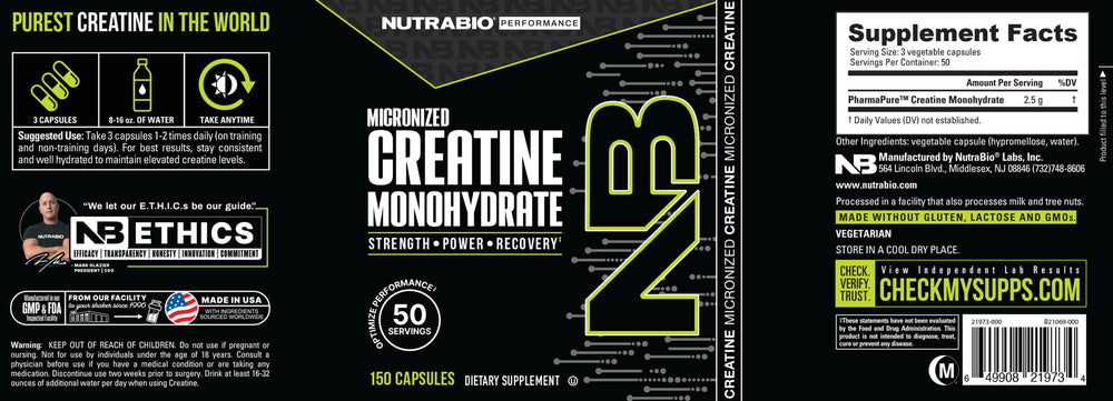 NutraBio Creatine Monohydrate - 150 Capsules