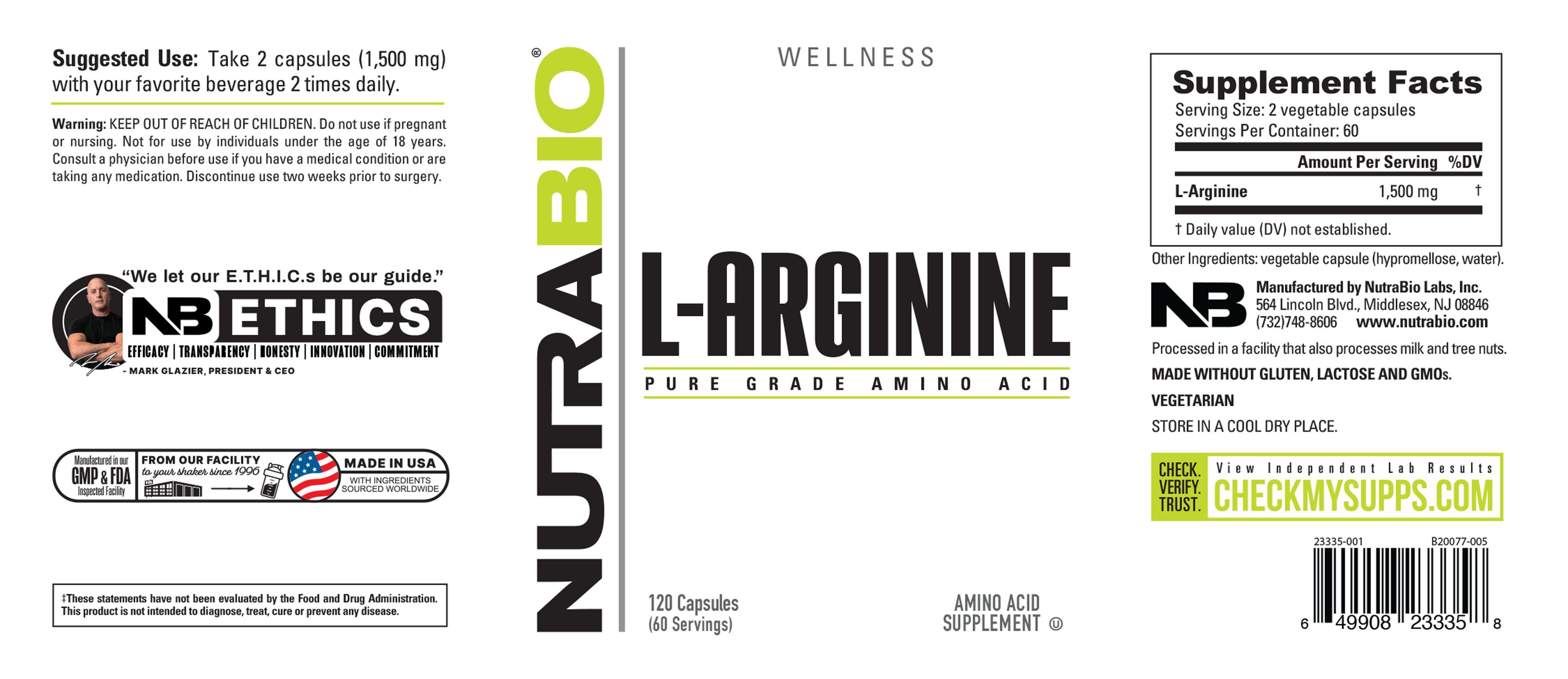 NutraBio L-Arginine - 120 Capsules