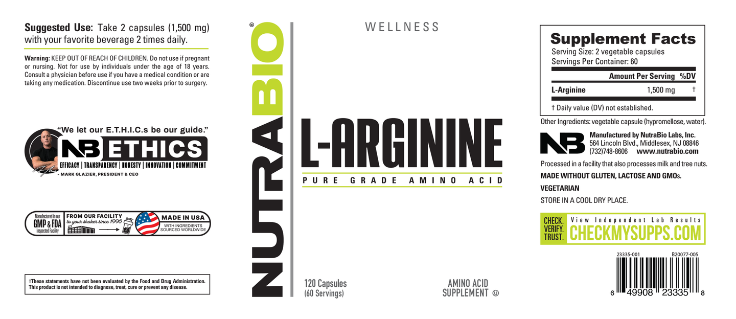 NutraBio L-Arginine - 120 Capsules