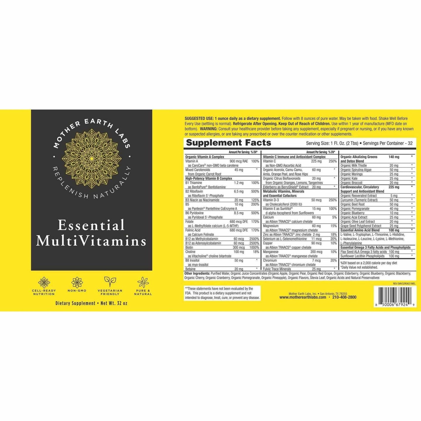 Mother Earth Labs Daily Multi Vitamin - Liquid Form Dispensing Quart