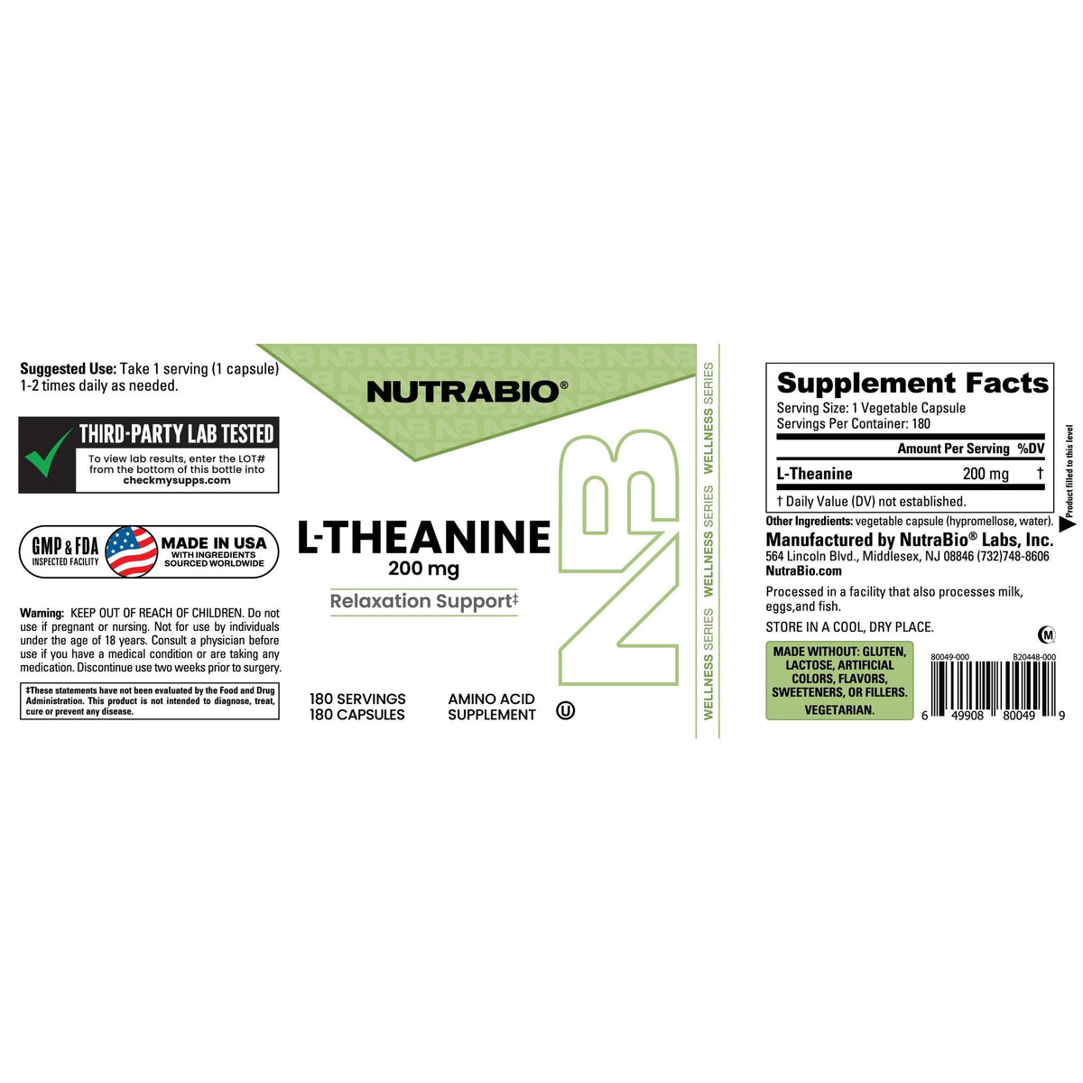 NutraBio L-Theanine 200mg - 180 servings